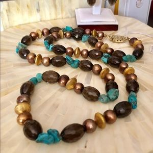 Necklace set, turquoise, quartz, pearls